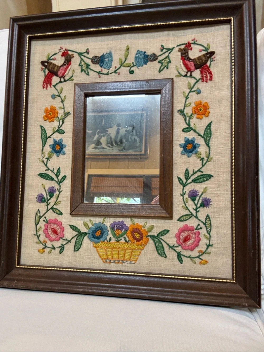 Vintage embroidery crewel framed mirror. Floral bird design